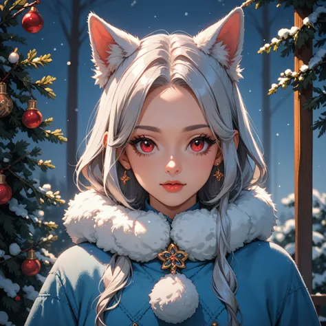 score_9, score_8_up, score_7_up, Cute husky girl with ebony-black fur crimson eyes and long silver hair wearing winter outfit