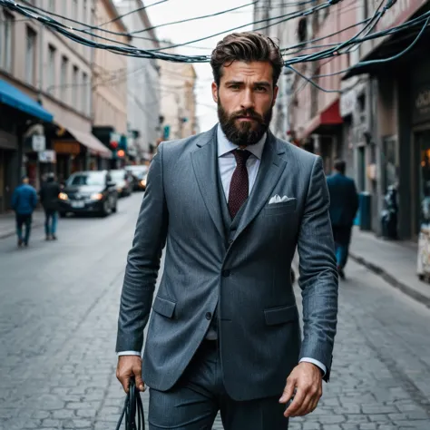 photo and gross, full length portrait of a handsome man with a beard in a gray suite, stands on a busy street with tangled power...