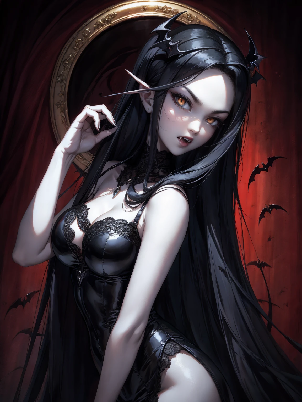 absurdres, ((stunning female Vampire))), goth Renaissance, (long black hair:1.3), perfect and detailed angular sharp oval shaped face, ((whiteeyes)), jewelry, red and black tetradic colors, full lips, gothic castle background, (solo), perfect anatomy, approaching perfection, ethereal, intricate details, ultra-high definition, 12k resolution, goth aesthetic, smooth, sharp focus, dreamy, glowing, backlit, glamour, glimmer, fantastical, shadows, smooth, Gothic crown, illustration, change her mouth to mouth open wide.