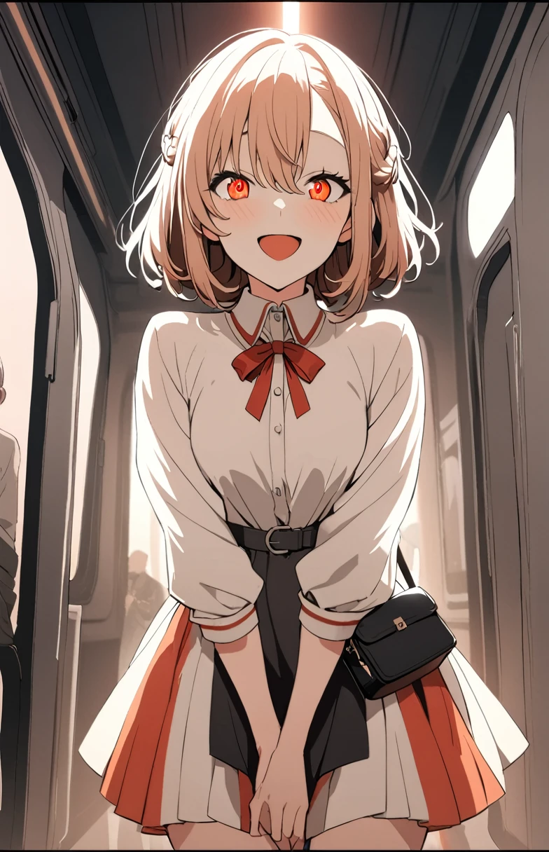 1girl, cheerful smile with open mouth, multicolored dress, white, red, pure fashion, v-arms, mini bag, station platform, masterpiece, best quality, very aesthetic, absurdres, high contrast kino_himari, (cowboy shot:1.5), break (masterpiece:1.2), highest quality, High resolution, unity 8k wallpaper, (shape:0.8), (fine and beautiful eyes:1.6), highly detailed face, perfect lighting, Very detailed CG, (perfect hands, perfect anatomy),dynamic pose, smile,perfect hands, beautiful fingers