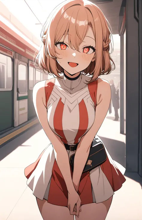 1girl, cheerful smile with open mouth, multicolored dress, white, red, pure fashion, v-arms, mini bag, station platform, masterp...