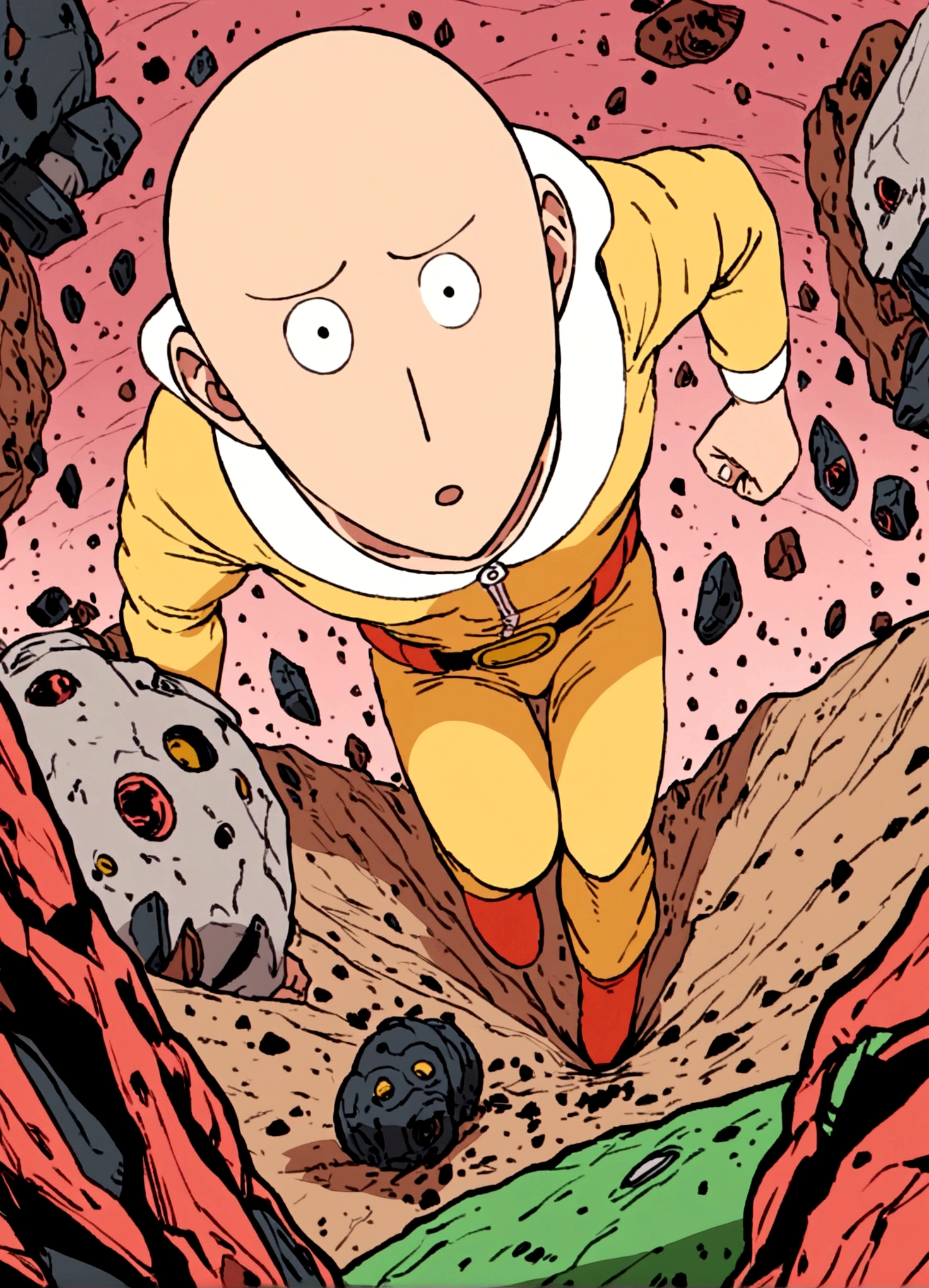 One Punch Man Saitama is looking confused, he has punched Transformer star Scream (who blew up), now Saitama is still in a punching stance in a crater surrounded by robot debris
