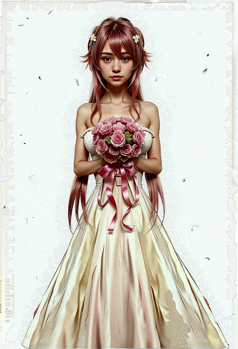 anime girl in a wedding dress with a bouquet of flowers, ethereal flowerpunk, made with anime painter studio, !!full body portra...