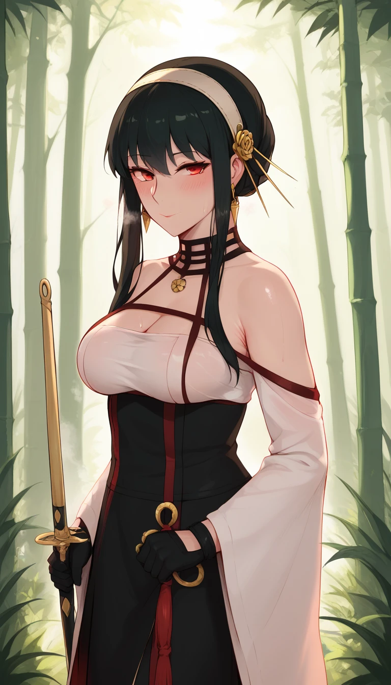 score_9, score_8_up, score_7_up, score_6_up, uncensored, Yor Briar, black hair, earrings, white hairband, hairband, long hair, sidelocks, red eyes, naughty face, shiny skin, sweating, steaming body, heavy breathing, BREAK (masterpiece:1.2), best quality, high resolution, unity 8k wallpaper, (illustration:0.8), (detailed eyes:1.3), extremely detailed face, perfect lighting, extremely detailed CG, (perfect hands, perfect anatomy), BREAK 1girl, sword, solo, forest, gloves, nature, holding, bamboo_forest, japanese_clothes, sheath, holding sword,
