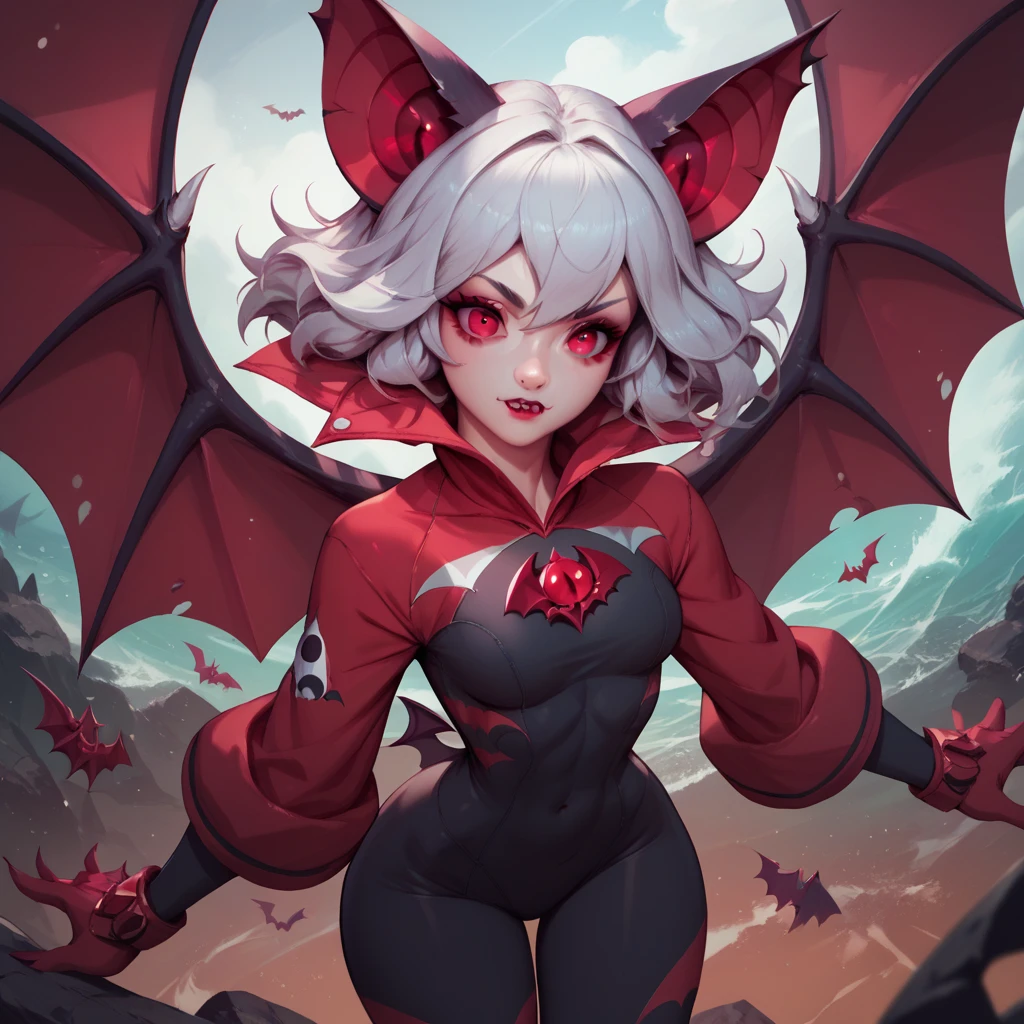 Cute bat girl with crimson eyes and long silver hair wearing surfer  outfit