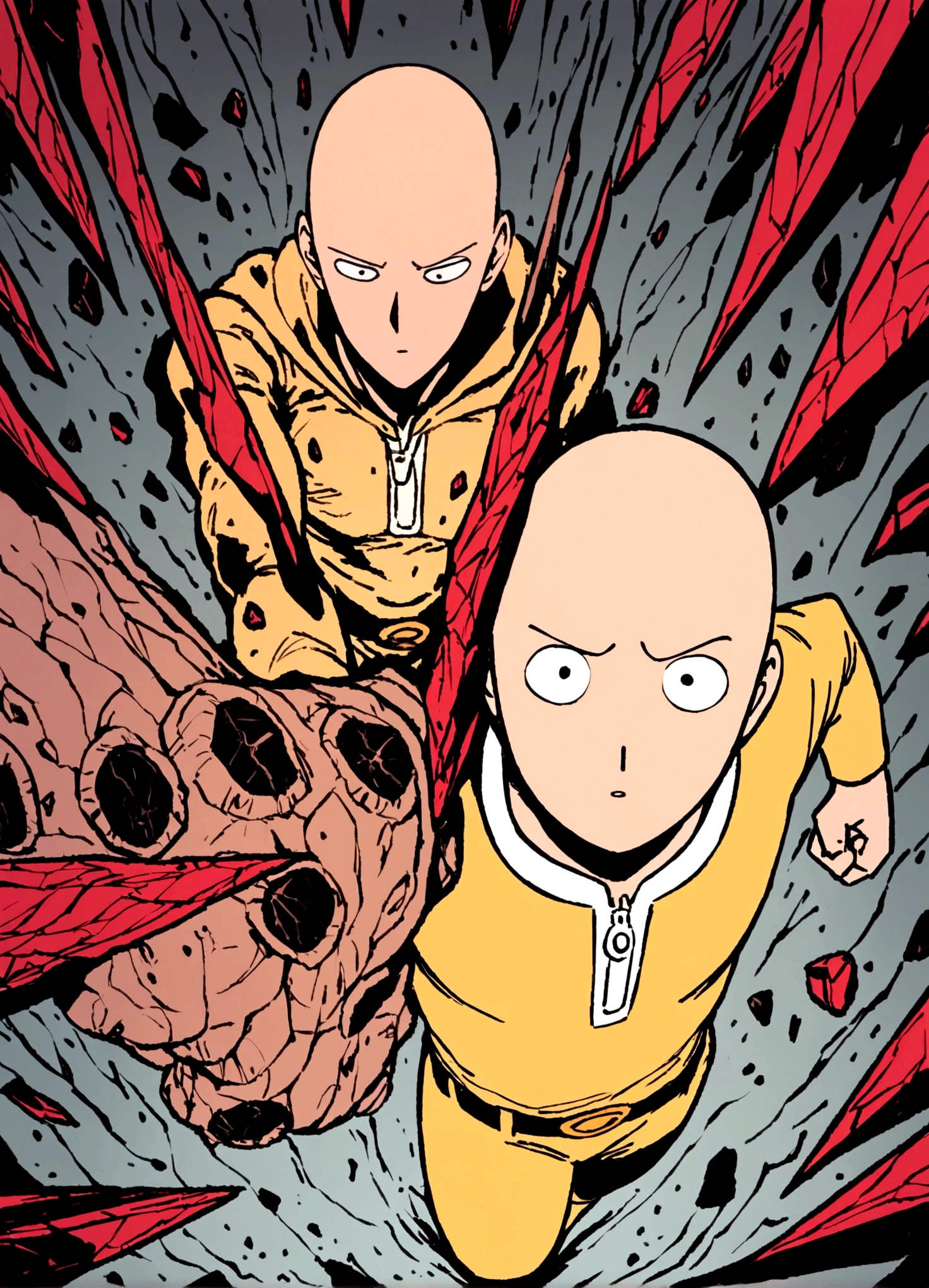 One Punch Man Saitama is looking confused, he has punched Transformer star Scream (who blew up), now Saitama is still in a punching stance in a crater surrounded by robot debris
