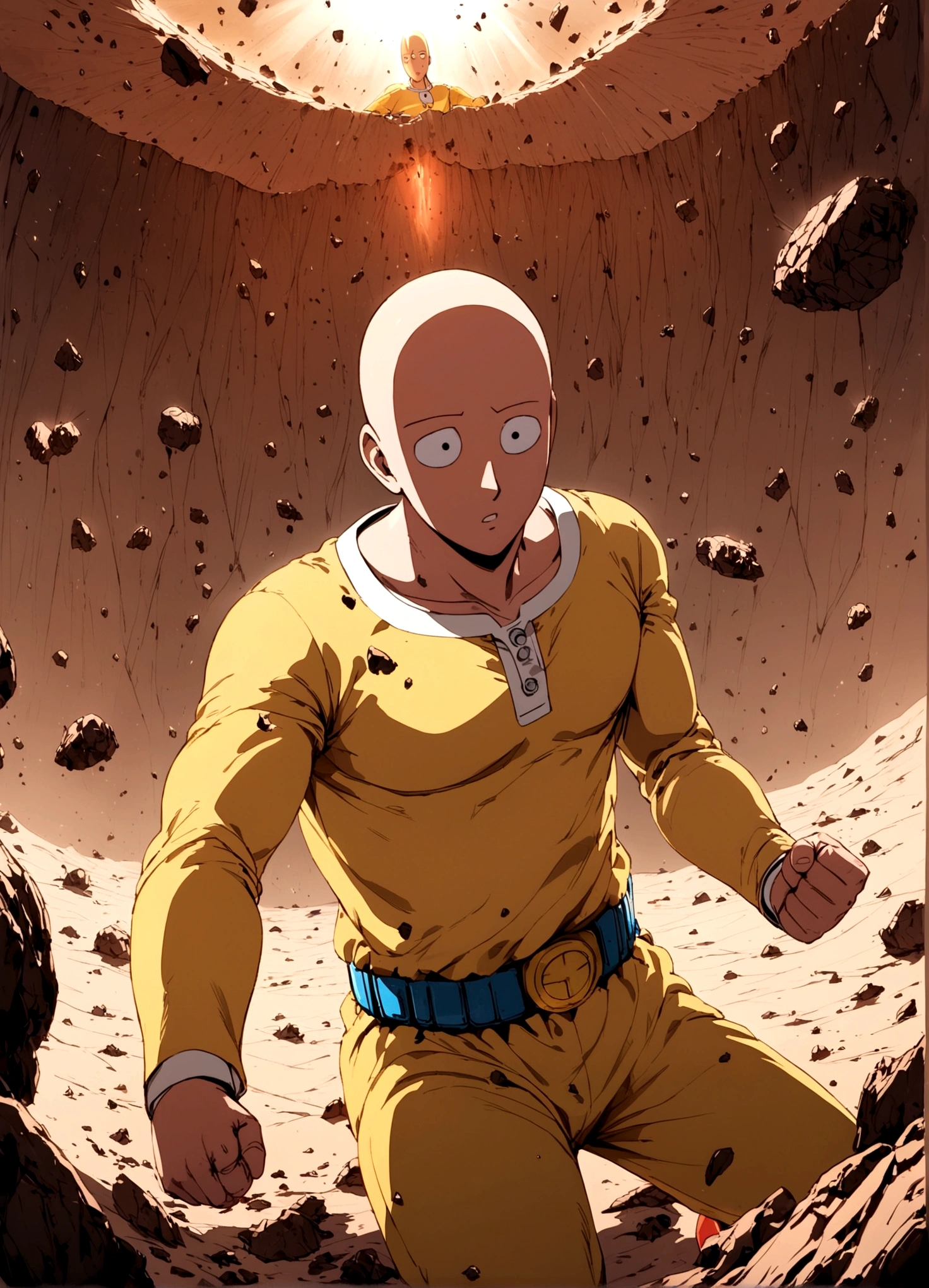 One Punch Man Saitama is looking confused, he has punched Transformer star Scream (who blew up), now Saitama is still in a punching stance in a crater surrounded by robot debris
