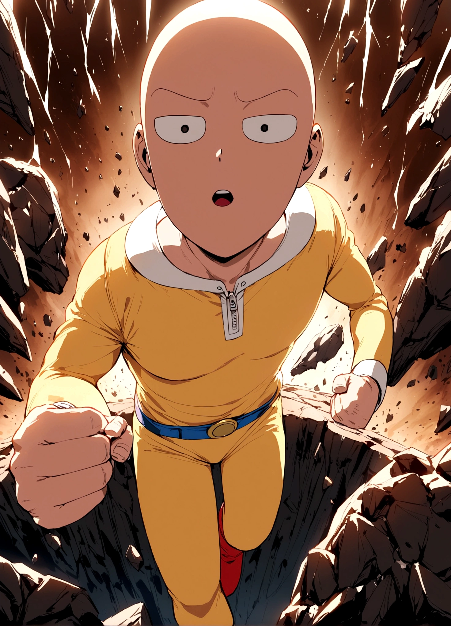 One Punch Man Saitama is looking confused, he has punched Transformer star Scream (who blew up), now Saitama is still in a punching stance in a crater surrounded by robot debris
