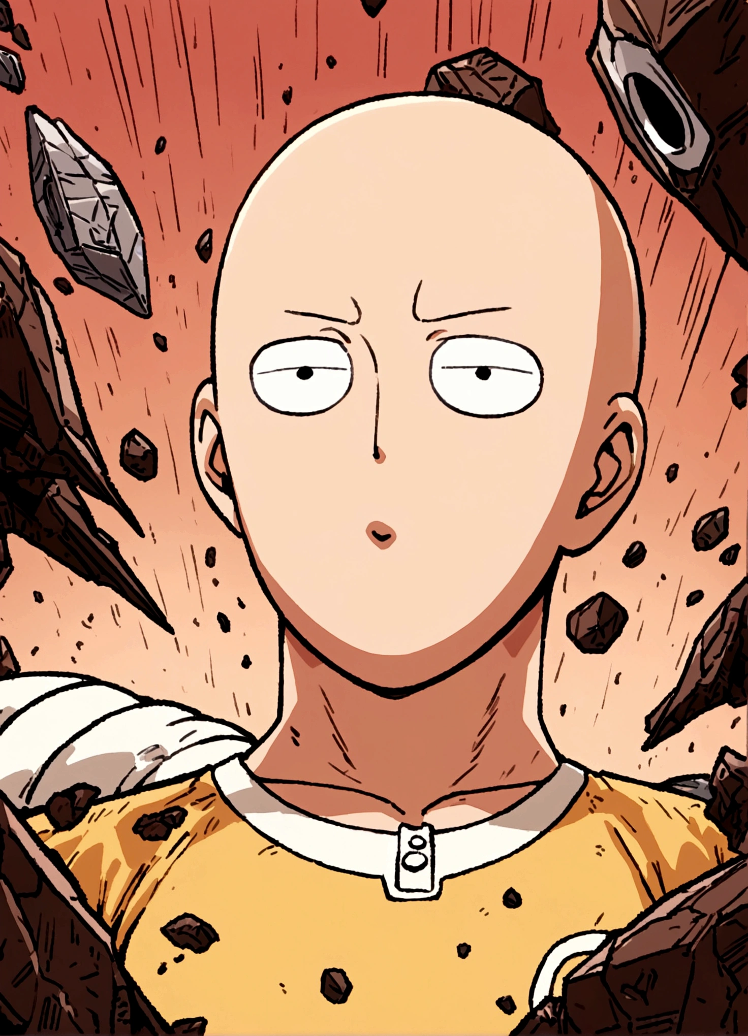 One Punch Man Saitama is looking confused, he has punched Transformer star Scream (who blew up), now Saitama is still in a punching stance in a crater surrounded by robot debris
