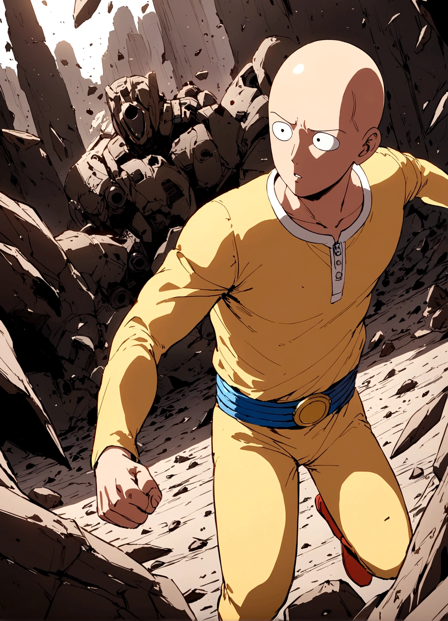 One Punch Man Saitama is looking confused, he has punched Transformer star Scream (who blew up), now Saitama is still in a punching stance in a crater surrounded by robot debris
