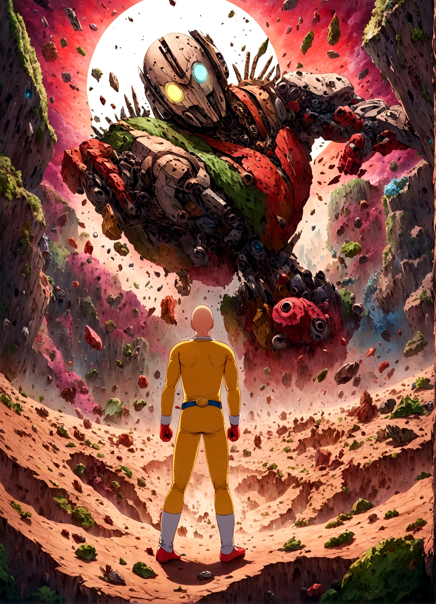 One Punch Man Saitama is looking confused, he has punched Transformer star Scream (who blew up), now Saitama is still in a punching stance in a crater surrounded by robot debris
