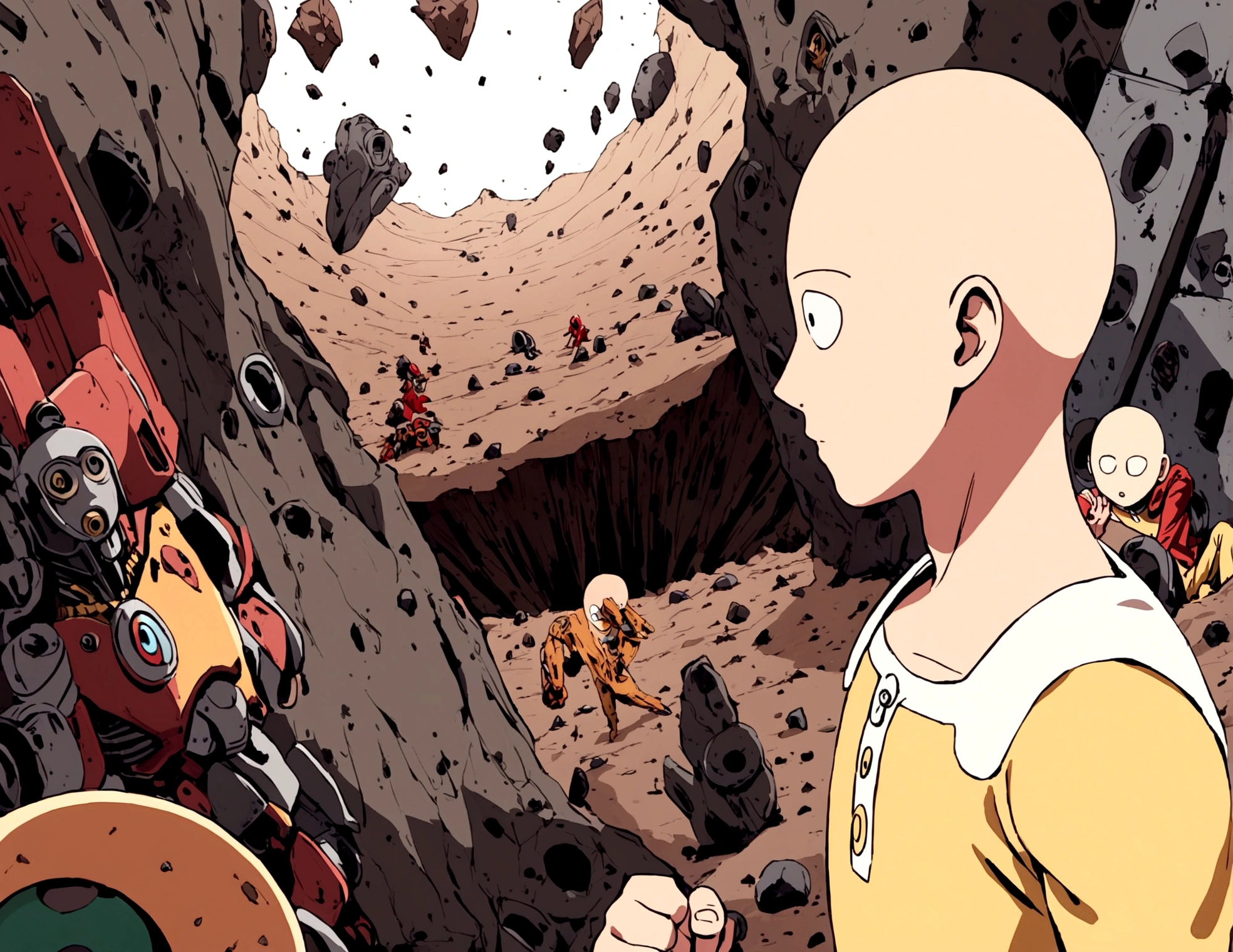 One Punch Man Saitama is looking confused, he has punched Transformer star Scream (who blew up), now Saitama is still in a punching stance in a crater surrounded by robot debris
