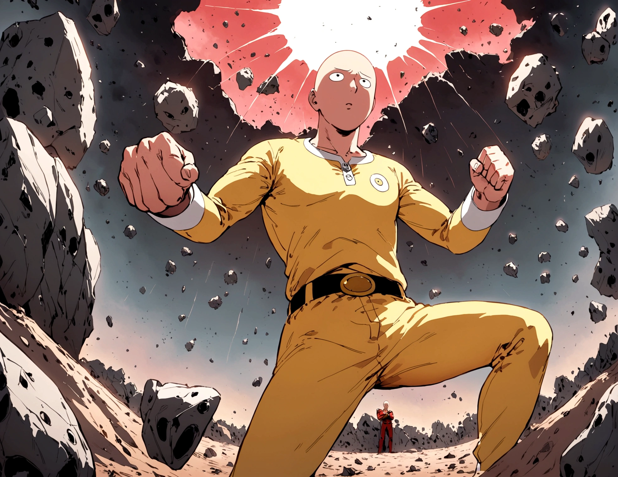 One Punch Man Saitama is looking confused, he has punched Transformer star Scream (who blew up), now Saitama is still in a punching stance in a crater surrounded by robot debris
