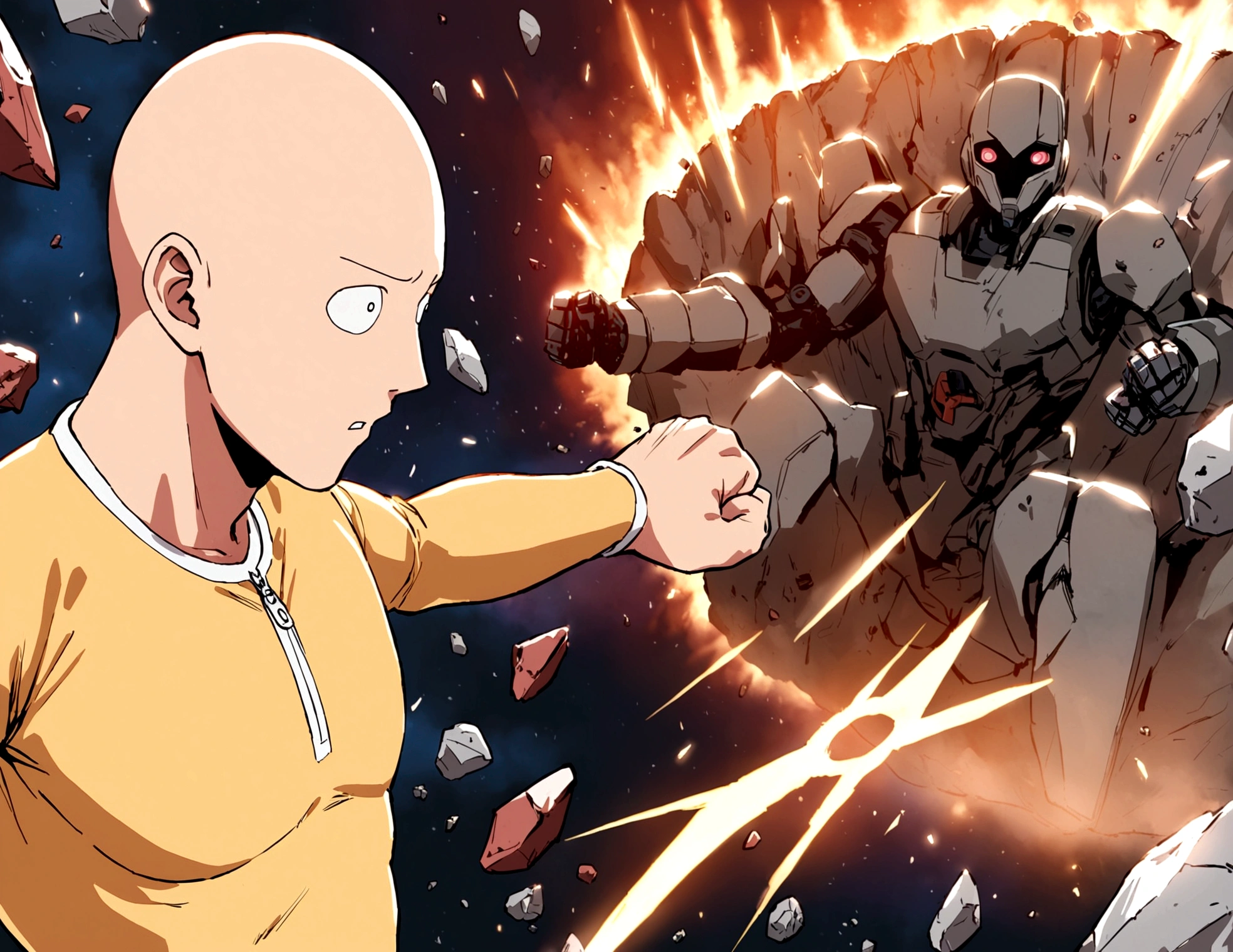 One Punch Man Saitama is looking confused, he has punched Transformer star Scream (who blew up), now Saitama is still in a punching stance in a crater surrounded by robot debris
