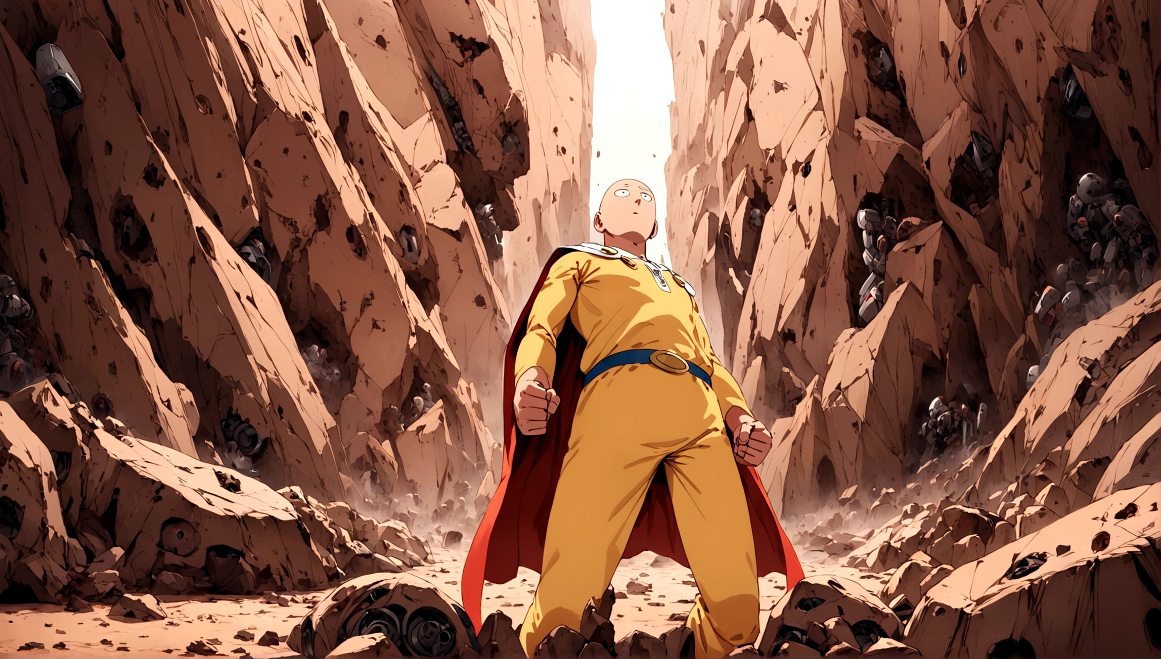 One Punch Man Saitama is looking confused, he has punched Transformer star Scream (who blew up), now Saitama is still in a punching stance in a crater surrounded by robot debris
