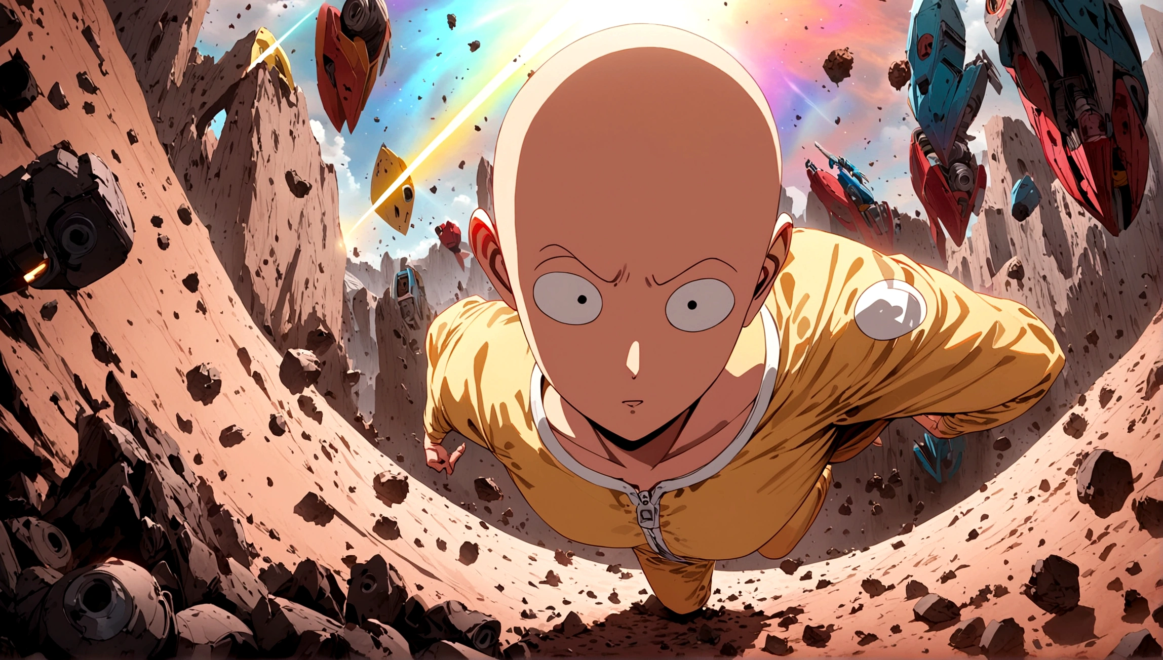 One Punch Man Saitama is looking confused, he has punched Transformer star Scream (who blew up), now Saitama is still in a punching stance in a crater surrounded by robot debris
