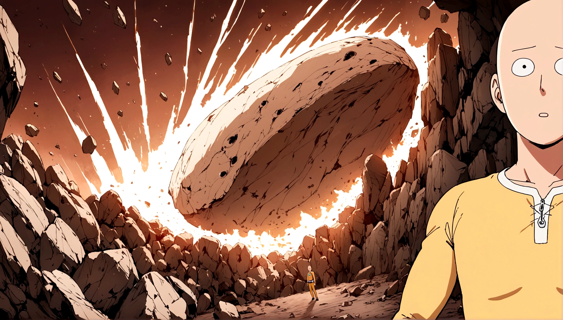 One Punch Man Saitama is looking confused, he has punched Transformer star Scream (who blew up), now Saitama is still in a punching stance in a crater surrounded by robot debris
