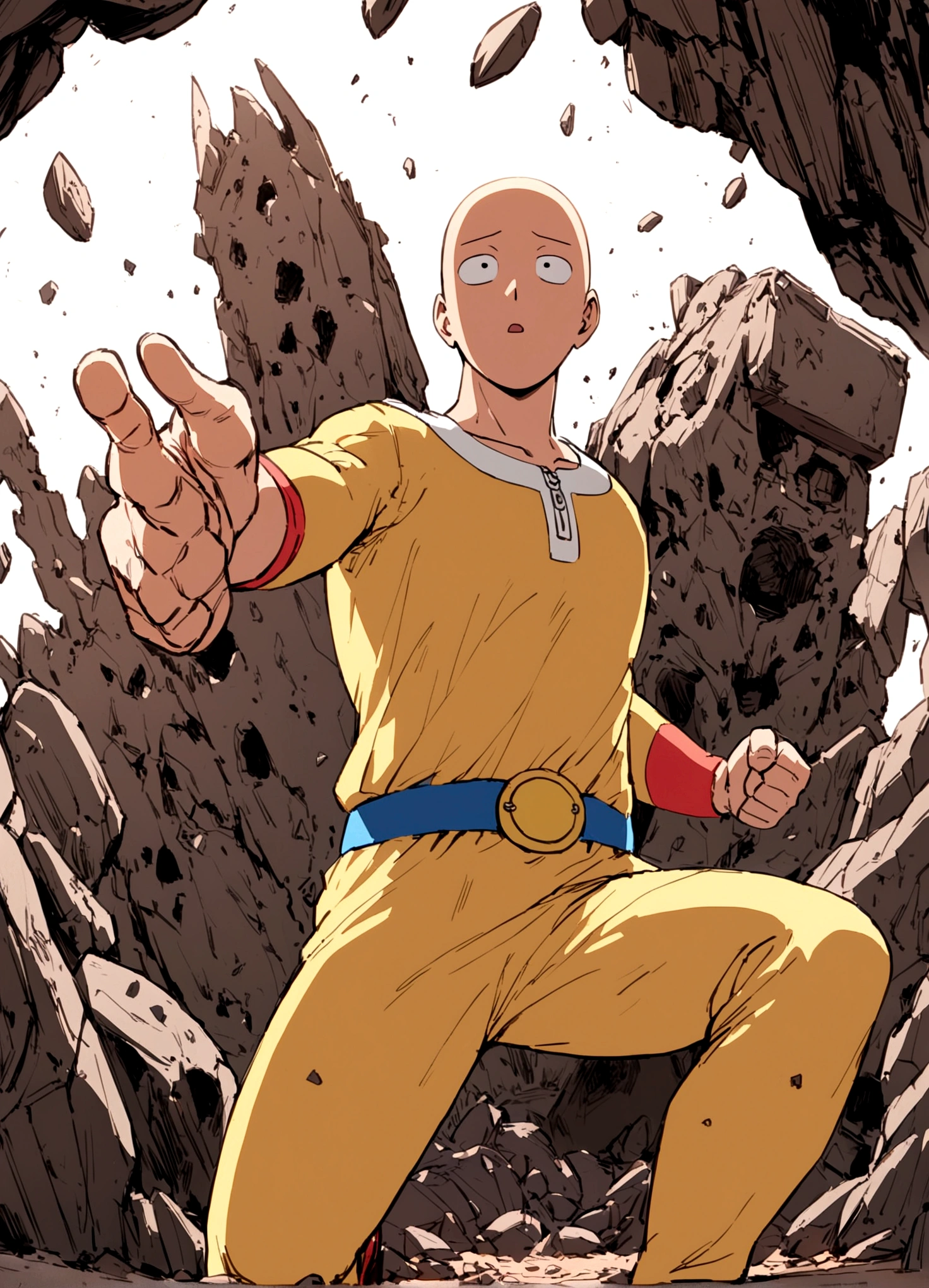 One Punch Man Saitama is looking confused, he has punched Transformer star Scream (who blew up), now Saitama is still in a punching stance in a crater surrounded by robot debris
