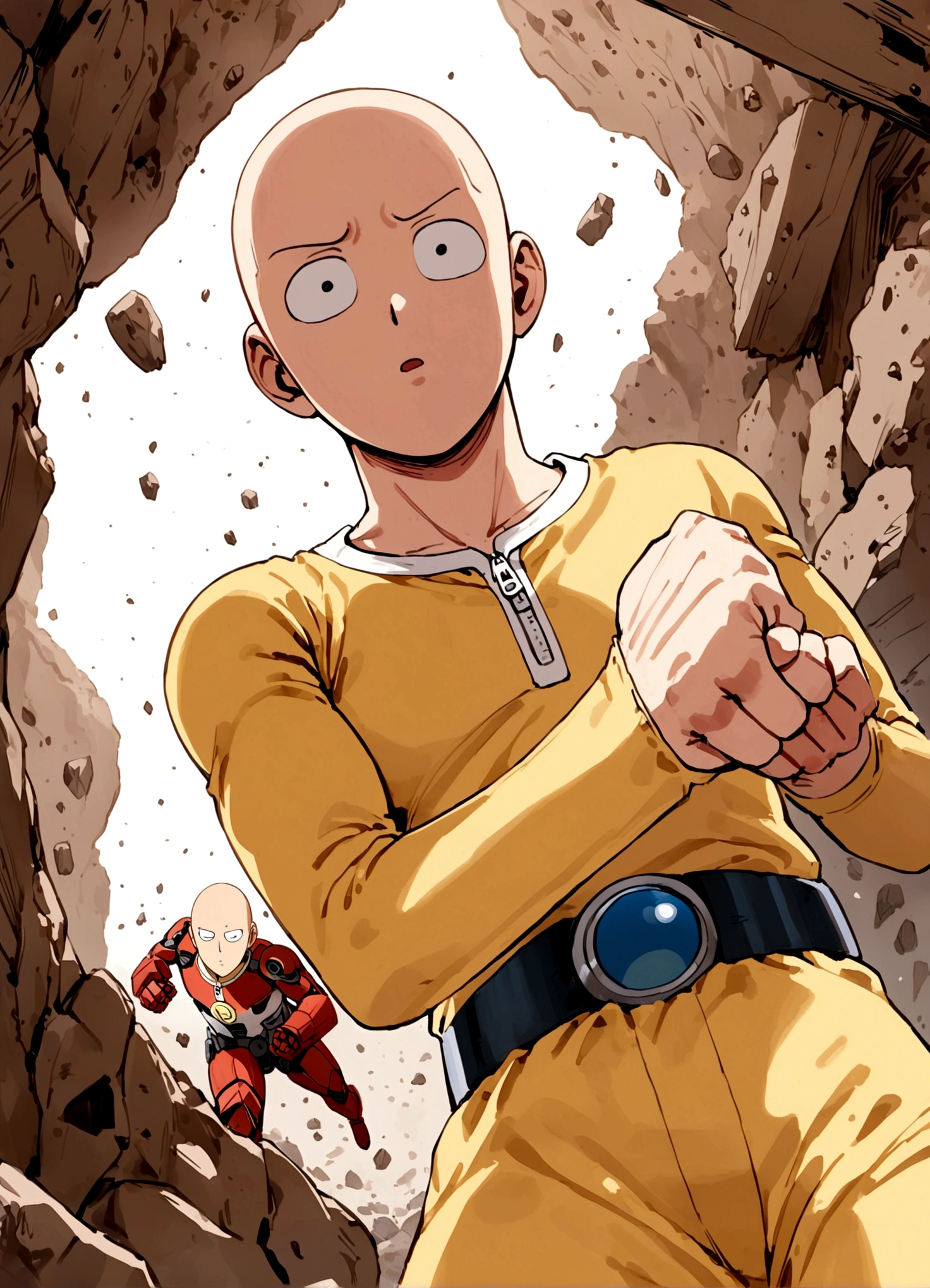 One Punch Man Saitama is looking confused, he has punched Transformer star Scream (who blew up), now Saitama is still in a punching stance in a crater surrounded by robot debris
