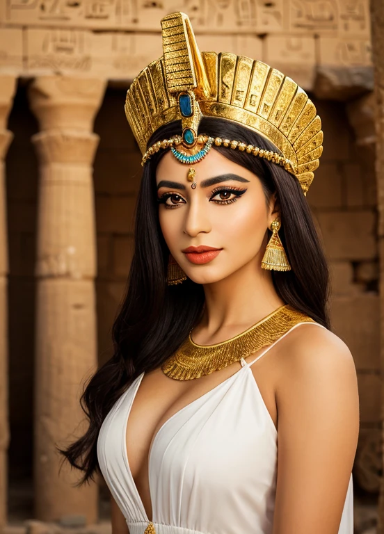 Arafed woman in a white dress and a golden headdress., hermosa Cleopatra, Egyptian princess, retrato de Cleopatra, Cleopatra, Egyptian, Egyptian style, Egyptian clothing, Cleopatra in her palace, Egyptian clothes, ancient princess Libu, android girl in Egyptian ruins, wearing an Egyptian crown, ancient Egyptian, retrato de Cleopatra, Beautiful goddess, pharaoh clothes, Egyptian makeup