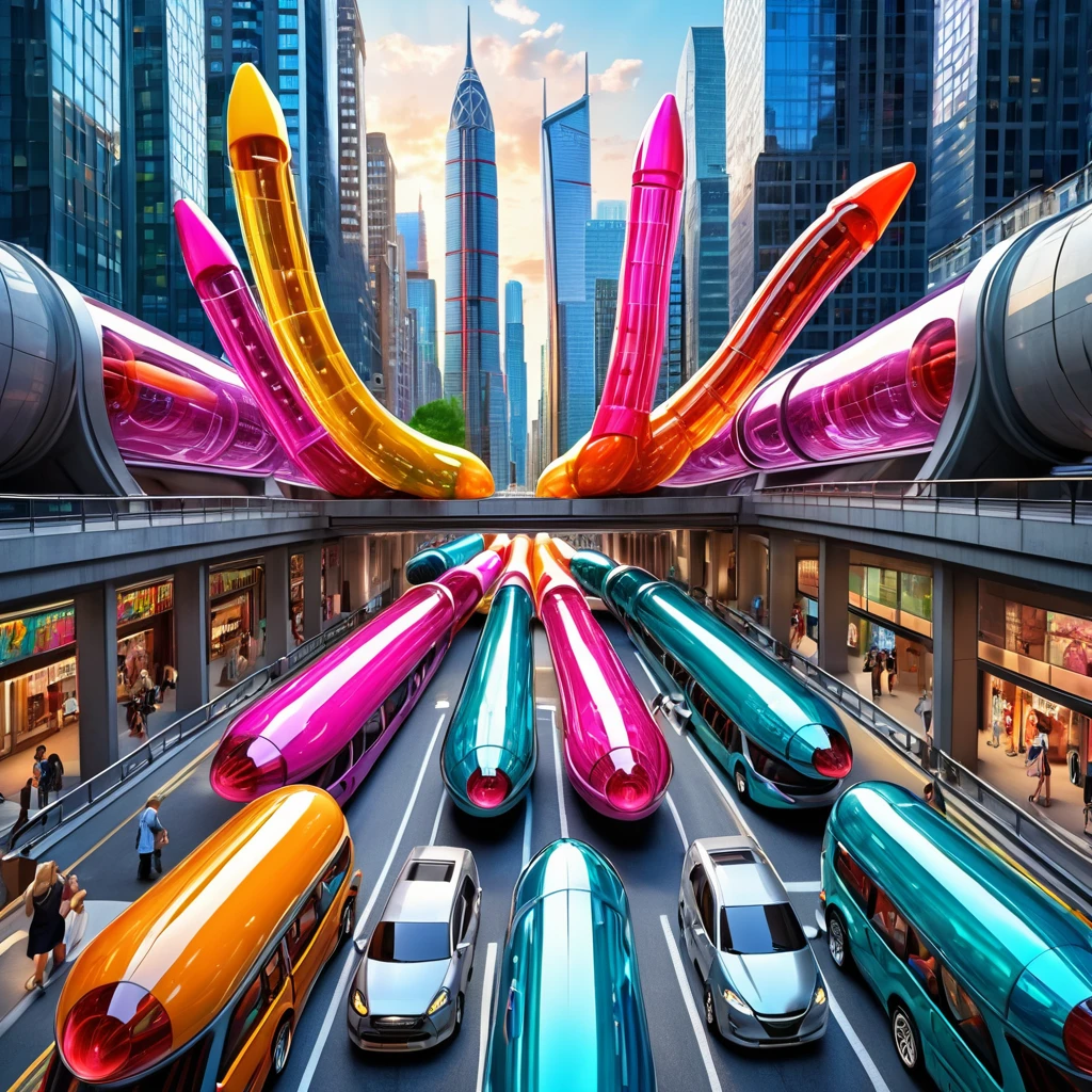 A great futuristic metropolitan made of glass and steel where tall buildings are shaped liked dildos and vehicles are individual sperm with wheels and windows moving down the streets. Tunnels look like vaginas. Hyper realistic, vibrant colors, 16k