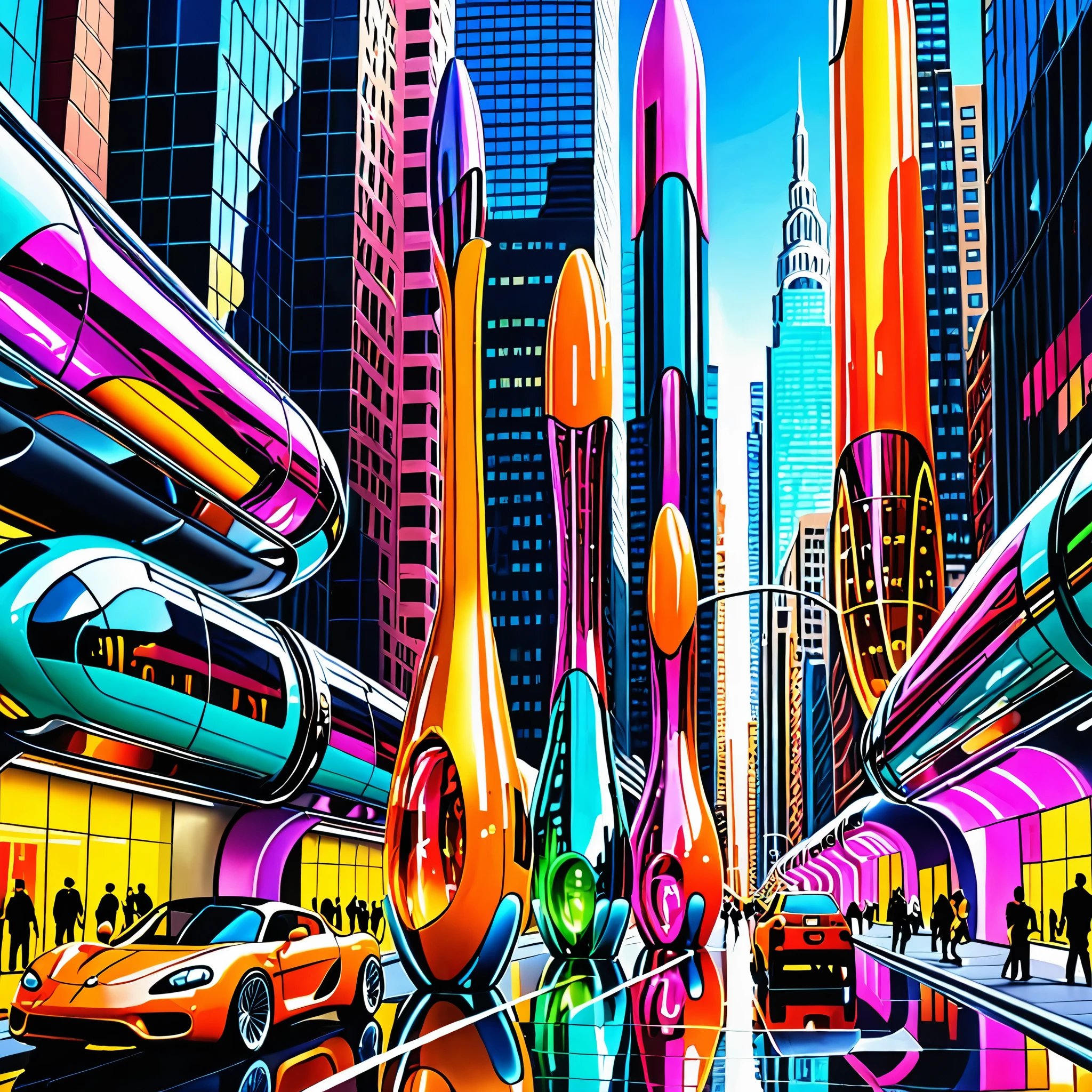 A great futuristic metropolitan made of glass and steel where tall buildings are shaped liked dildos and vehicles are individual sperm with wheels and windows moving down the streets. Tunnels look like vaginas. Hyper realistic, vibrant colors, 16k