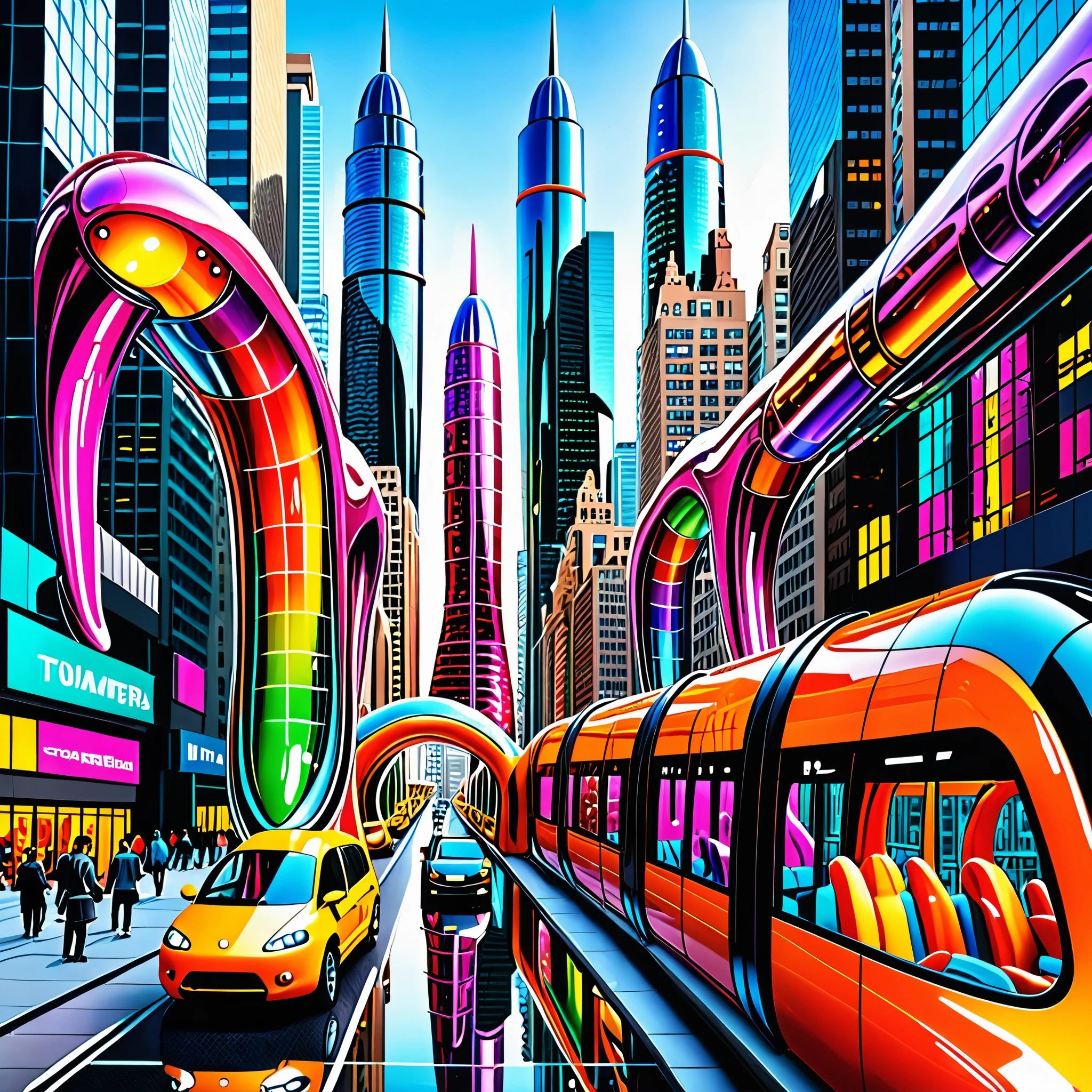 A great futuristic metropolitan made of glass and steel where tall buildings are shaped liked dildos and vehicles are individual sperm with wheels and windows moving down the streets. Tunnels look like vaginas. Hyper realistic, vibrant colors, 16k