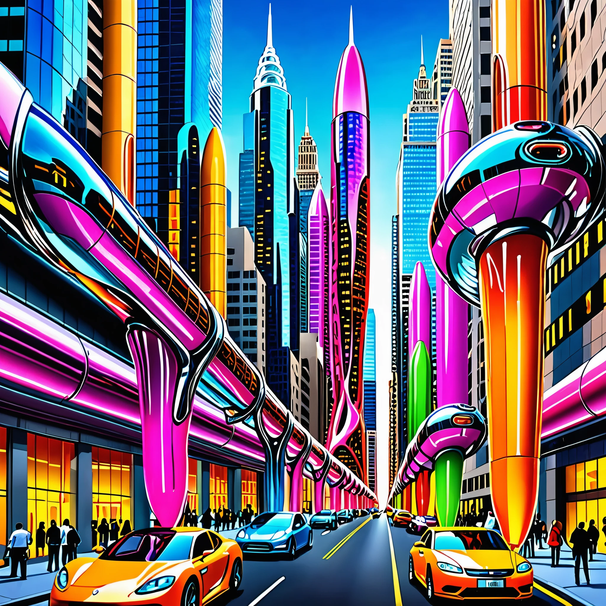 A great futuristic metropolitan made of glass and steel where tall buildings are shaped liked dildos and vehicles are individual sperm with wheels and windows moving down the streets. Tunnels look like vaginas. Hyper realistic, vibrant colors, 16k