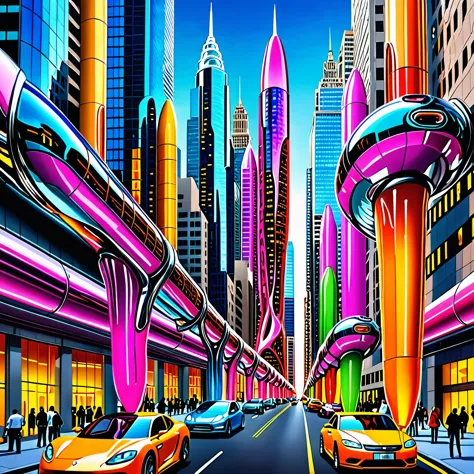 a great futuristic metropolitan made of glass and steel where tall buildings are shaped liked dildos and vehicles are individual...