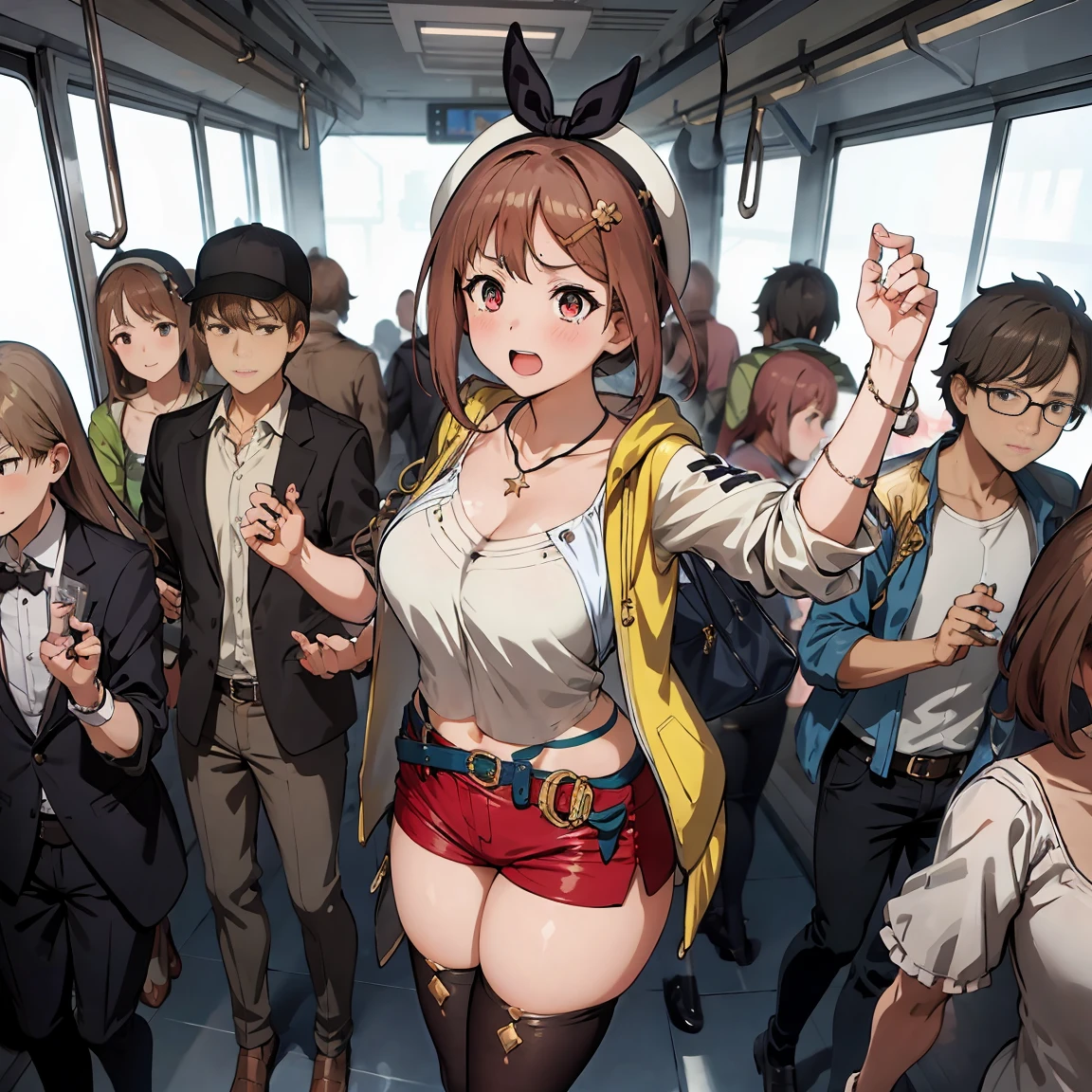 Crowded train、One Woman、Cute Woman、Many passengers、Thick thighs、Best image quality、High resolution、masterpiece、super high quality、Pink good、Pink Panties、Big Ass、Large Breasts 、Blushing、4K quality、Reached orgasm、Wearing black knee socks、Heavy breathing、From directly below、From directly below、, 1 personの女の子, Raise your arms, 1 person, {{{The guy put his hand on the girl's crotch}}}, Inside the train, Crowded, Crying face、（Affirmative prompts）
(1 Girl)++, (masterpiece)+++, (Highest quality)+++, (Super cute)+++, lovelive!, Anime Color, , tears, (vapor)+++ , Being abused ,feigned ignorance, wearing blazer whiteshirt ,Check skirt , (Roll up your shirt), Out of place bra ,arched back, Crowded train,  (Many men standing behind a girl )++, Dynamic pose, Dynamic hand movements, (Grab your chest)+++, A man grabs a woman's arm , (Hands frying), (Floating Hand), (Grab from behind),naked、