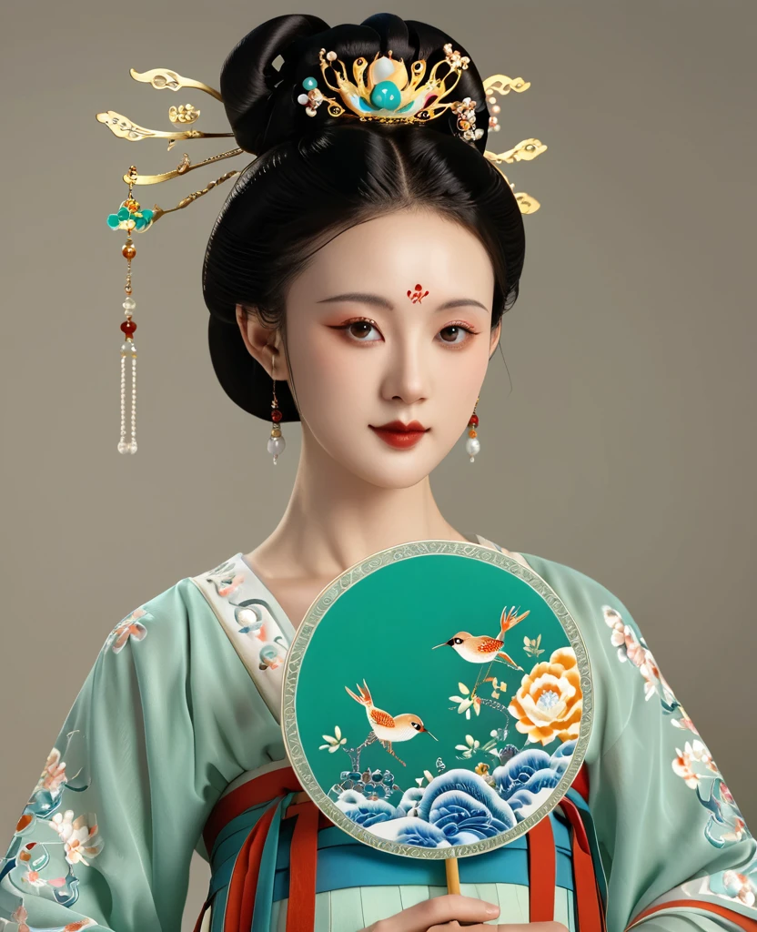 a beautiful young chinese girl in traditional song dynasty imperial court attire, symmetrical facial features, round face, bright eyes, smooth porcelain skin, holding an elegant chinese hand fan, clean background, (best quality,4k,8k,highres,masterpiece:1.2),ultra-detailed,(realistic,photorealistic,photo-realistic:1.37),intricate details,exquisite,elegant,refined,breathtaking,mesmerizing,magnificent