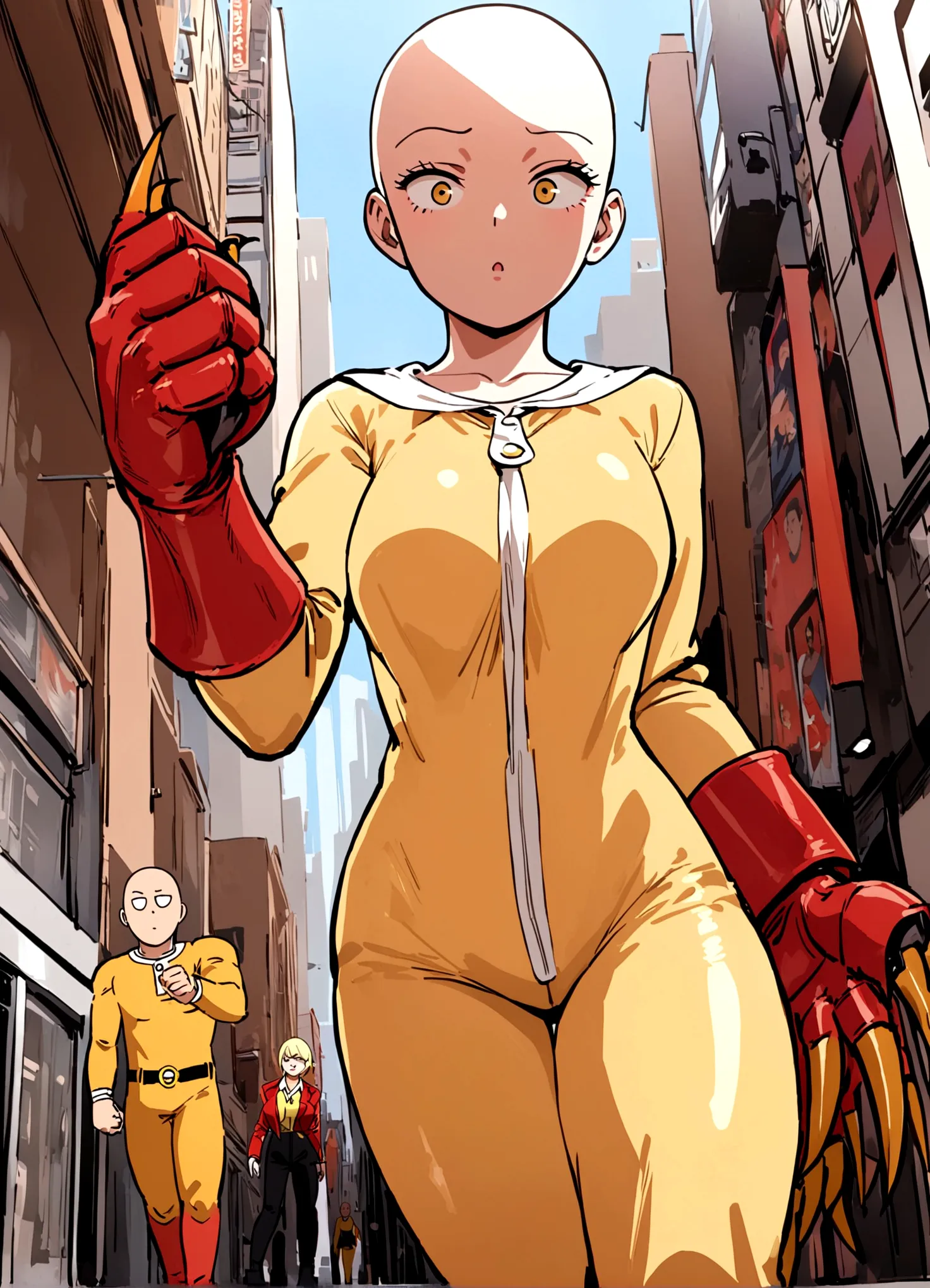 marvel's wolverine (played by a cute woman) is enraged, claws out ready to fight, one punch man saitama is not impressed. set in...