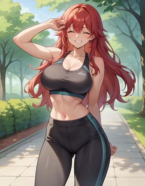 score_9, score_8_up, source_anime, 1girl, nihilister, red hair, long hair, large breasts,wide hips, narrow waist, sports bra, bl...