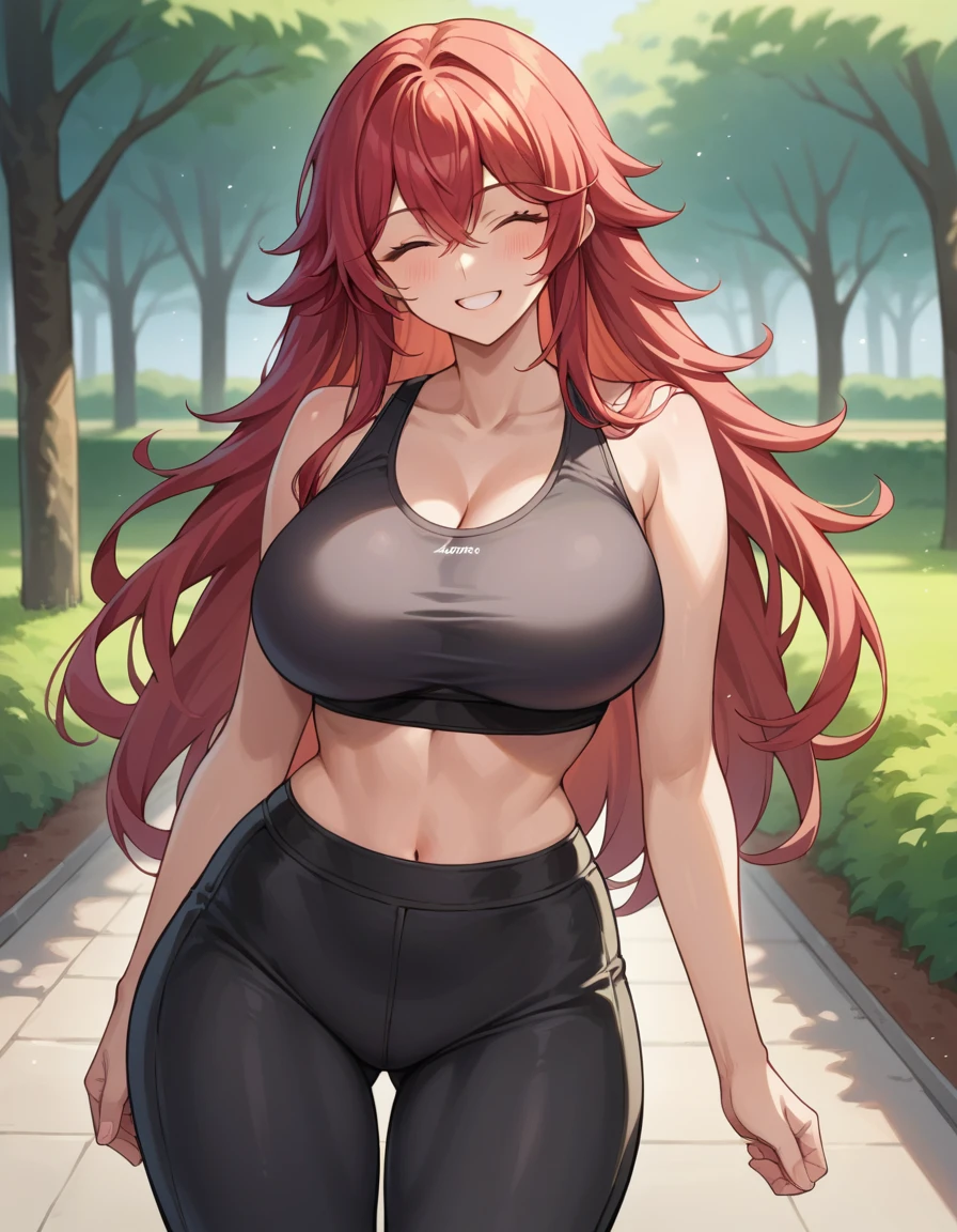 score_9, score_8_up, source_anime, 1girl, nihilister, red hair, long hair, Large breasts,Wide Hips, Narrow waist, sports bra, black Spandex pants, standing, looking at viewer, ^ ^, eyes closed, smile, park, 