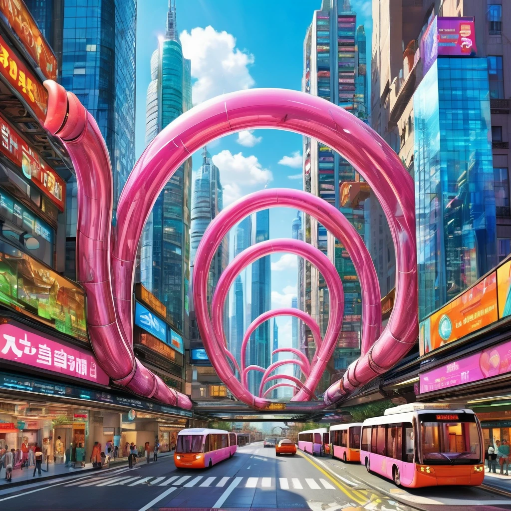 A great futuristic metropolitan made of glass and steel where tall buildings are shaped liked dildos and vehicles are individual sperm with wheels and windows moving down the streets. Tunnels look like vaginas. Hyper realistic, vibrant colors, 16k