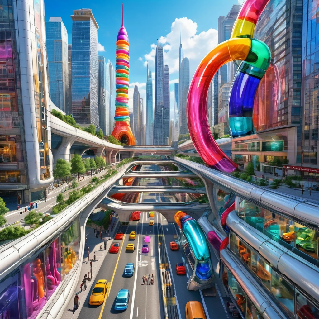 A great futuristic metropolitan made of glass and steel where tall buildings are shaped liked dildos and vehicles are individual sperm with wheels and windows moving down the streets. Tunnels look like vaginas. Hyper realistic, vibrant colors, 16k