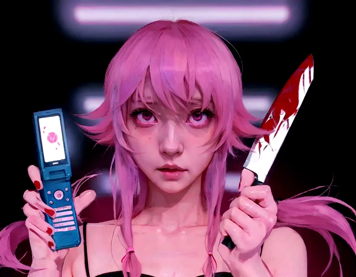 anime girl with pink hair holding a cell phone and a knife, mirai nikki, yandere, gapmoe yandere, anime styled digital art, digi...