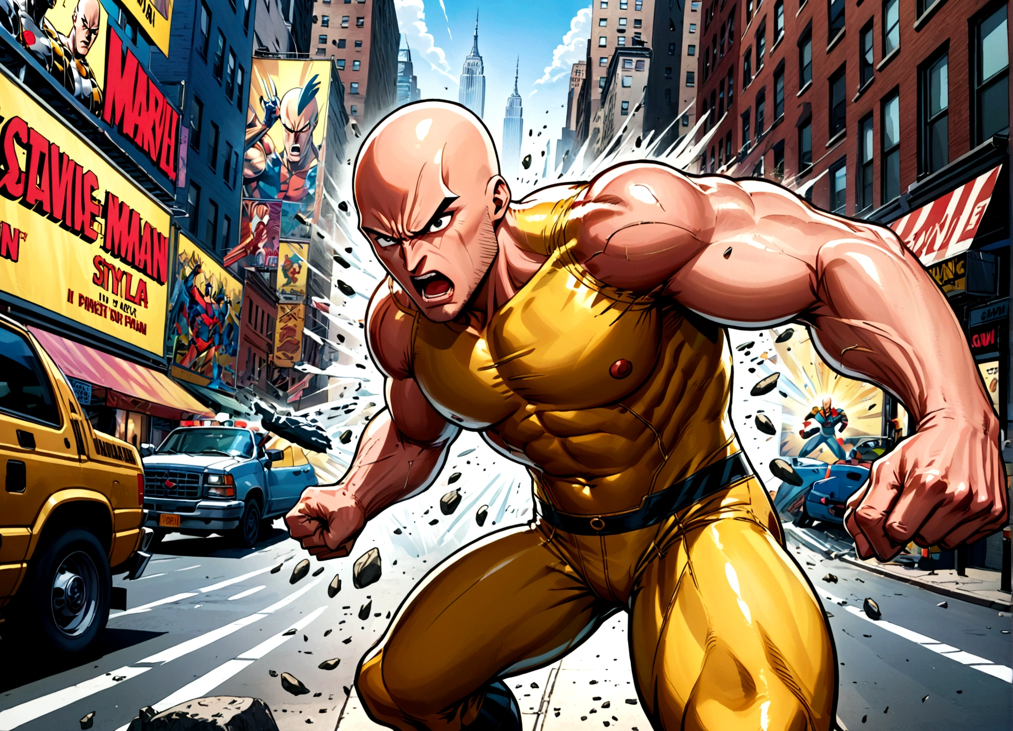 Lobezno de Marvel (estilo cómic de los 90) esta enfurecido, Saca las garras listo para pelear., El hombre de un solo golpe, Saitama, no está impresionado.. ambientado en la ciudad de nueva york
