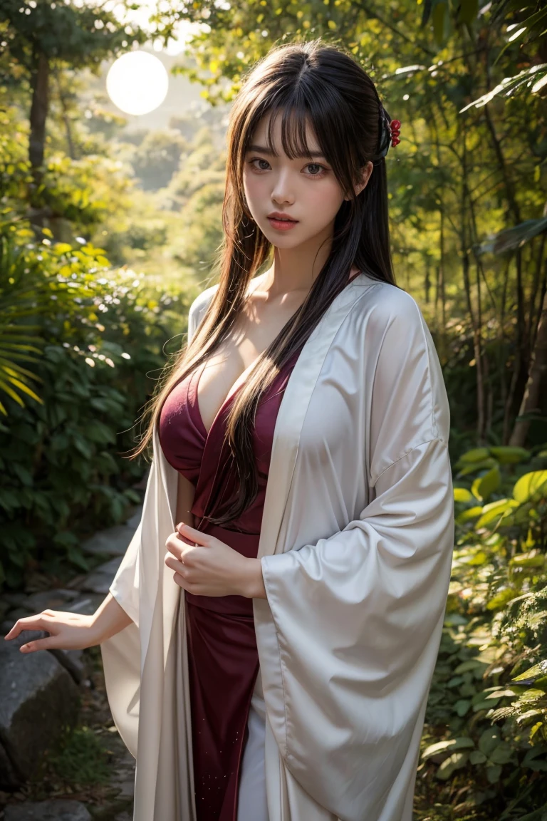 A seductive and mysterious girl with long dark hair, big breasts:0.8, slander body, dressed in traditional Japanese clothing, standing in a moonlit forest. The illustration is inspired by the character Ragawa Kiriko from the manga series "Akatsuki no Yona". The artwork is highly detailed and realistic, with intricate patterns on her kimono and soft lighting. Created by artist WLOP using digital painting techniques. (Concept art, 4k resolution)