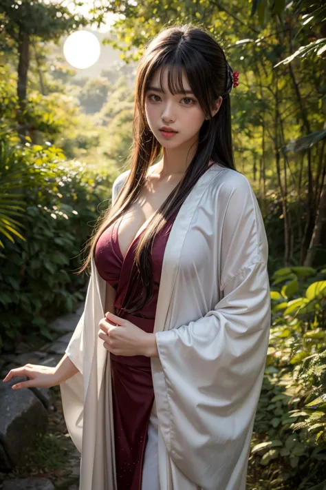 A seductive and mysterious girl with long dark hair, big breasts:0.8, slander body, dressed in traditional Japanese clothing, st...