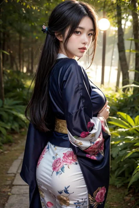 A seductive and mysterious girl with long dark hair, big breasts:0.8, slander body, dressed in traditional Japanese clothing, st...
