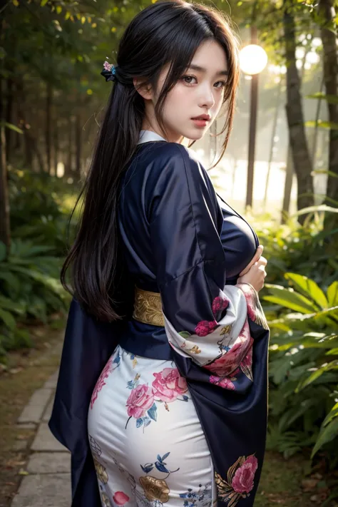 a seductive and mysterious girl with long dark hair, big breasts:0.8, slander body, dressed in traditional japanese clothing, st...