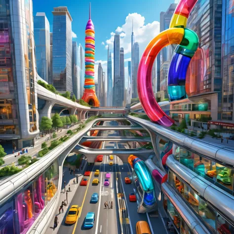 A great futuristic metropolitan made of glass and steel where tall buildings are shaped liked dildos and vehicles are individual...