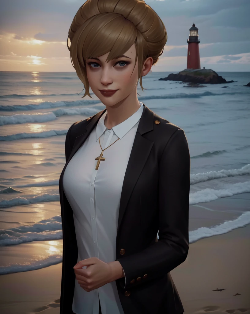 (highres, best quality, 4k), kat3LIS, dark blonde hair, hazel eyes, slender, looking at viewer, warm inviting smile, dark wool blazer, blouse opened, cross necklace, upper body, outdoors, oregon beach, lighthouse in Arcadia Bay on a tempest.