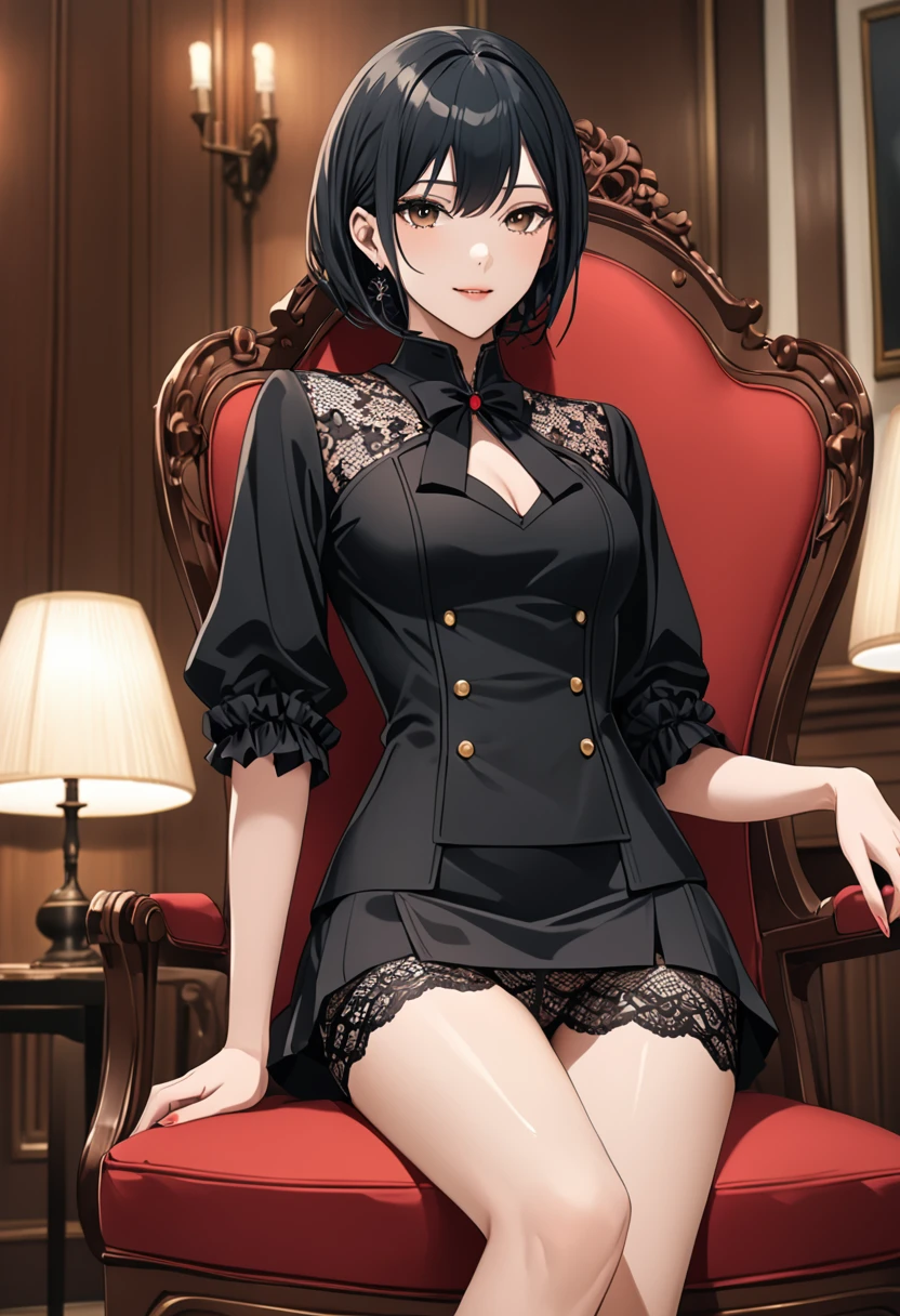 ((Highest quality, masterpiece, freak, Super Resolution)), 1 Girl,Sit on a chair、 Spy Family Yoru 、Tight mini skirt、Lace panties、 Perfect for a bold statement.
