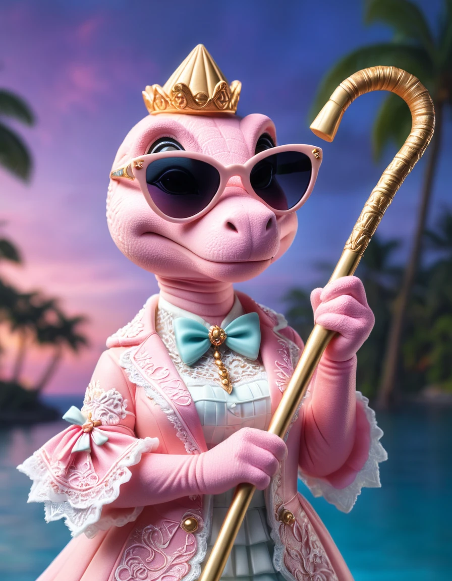 (Close-up:1.3) (pastel cookie of female anthropomorphic dinosaur) of pink ((holding ornate cane with crystal on top)), (extravagant dress with lace ornament), cool wide sunglasses, blurry tropical background with sea at twilight, pink dinosaur, masterpiece in maximum 16K resolution, superb quality, highly detailed, studio lighting.