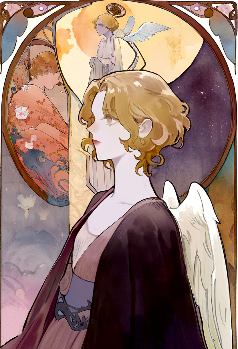 A highly defined super detailed watercolor painting, an blond angel with short hair (timothée chalamet), soft gaze, flower, detailed cover art, with wings, Halo of Holiness, observing, In the style of Alphonse Maria Mucha and Gustave Kilmut, Art Nouveau Accents, Alphonse Mucha, Gustavo Klimt , pale bluish skin, a marble sculpture, CGSesociedade, Gothic art, Art Nouveau, Behance contest winner