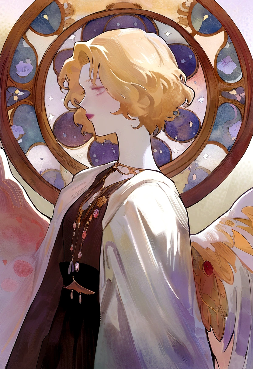 A highly defined super detailed watercolor painting, an blond angel with short hair (timothée chalamet), soft gaze, flower, detailed cover art, with wings, Halo of Holiness, observing, In the style of Alphonse Maria Mucha and Gustave Kilmut, Art Nouveau Accents, Alphonse Mucha, Gustavo Klimt , pale bluish skin, a marble sculpture, CGSesociedade, Gothic art, Art Nouveau, Behance contest winner