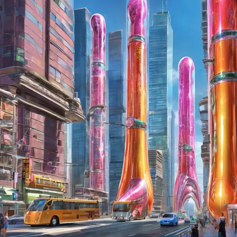 A great futuristic metropolitan made of glass and steel where tall buildings are shaped liked dildos and vehicles are individual...