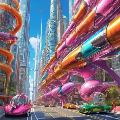 A great futuristic metropolitan made of glass and steel where tall buildings are shaped liked dildos and vehicles are individual...